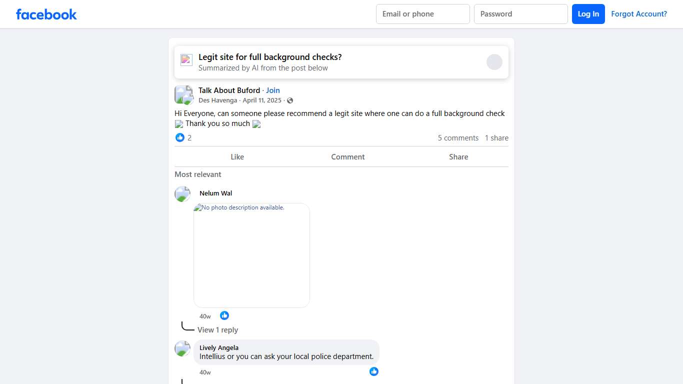 Talk About Buford | Hi Everyone, can someone please recommend a legit site where one can do a full background check ✅️ Thank you so much 🙏 | Facebook